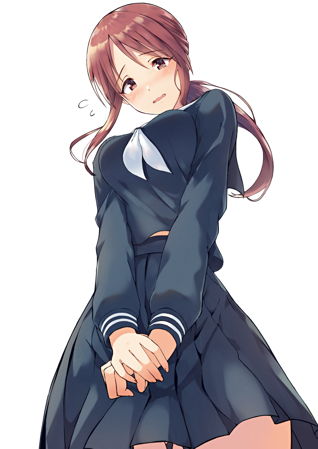 1girl black_shirt black_skirt blush breasts brown_eyes brown_hair cowboy_shot different dot_nose flying_sweatdrops from_below highres idolmaster idolmaster_cinderella_girls idolmaster_cinderella_girls_starlight_stage large_breasts long_hair long_sleeves looking_at_viewer looking_down midriff_peek mifune_miyu neckerchief open_mouth pleated_skirt ponytail sailor_collar school_uniform serafuku shirt shy sidelocks simple_background skirt solo standing v_arms wavy_mouth white_background white_neckerchief white_sailor_collar