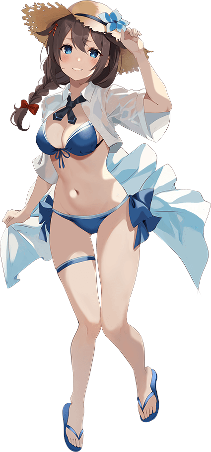 1girl barefoot bikini blue_bikini blue_eyes blush braid breasts brown_hair brown_headwear cleavage full_body grin hair_between_eyes hat jacket kantai_collection kujou_ichiso large_breasts long_hair looking_at_viewer navel official_art open_clothes open_jacket sandals shigure_(kancolle) shigure_kai_san_(kancolle) single_braid smile solo straw_hat swimsuit thigh_strap transparent_background white_jacket