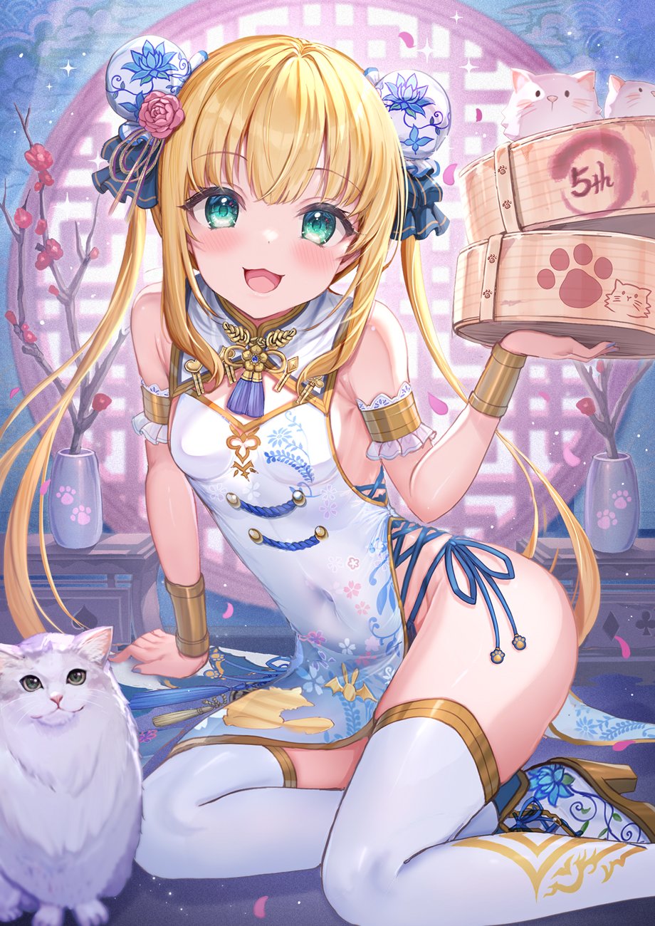 1girl akabane_(zebrasmise) arm_support armlet bamboo_steamer bare_shoulders blonde_hair blue_eyes bracelet breasts bun_cover cat china_dress chinese_clothes covered_navel double_bun dress gold_trim hair_bun highres jewelry long_hair looking_at_viewer mononobe_alice nijisanji open_mouth pelvic_curtain shoes side-tie_peek sleeveless sleeveless_dress small_breasts smile solo thighhighs thighs twintails very_long_hair virtual_youtuber white_cat white_dress white_footwear white_thighhighs