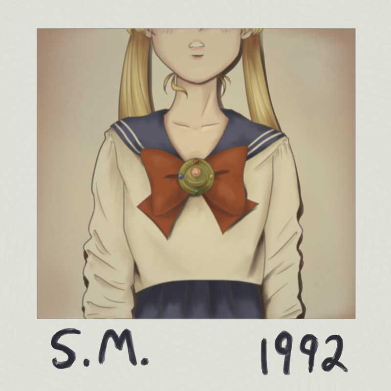 1992 1girl bishoujo_senshi_sailor_moon blonde_hair blue_skirt bow bowtie diha-artwork english_text long_hair music open_mouth parody photo_(object) polaroid red_bow red_bowtie school_uniform serafuku shirt simple_background skirt smile solo standing taylor_swift tsukino_usagi white_shirt