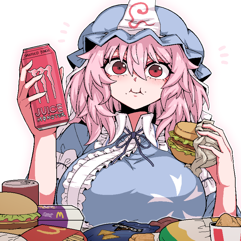 1girl :i blue_headwear blue_kimono blush breasts burger can churro closed_mouth doritos eating food formicid french_fries hair_between_eyes hat holding holding_can holding_food huge_breasts japanese_clothes kimono looking_at_viewer mcdonald's mob_cap monster_energy pink_hair red_eyes saigyouji_yuyuko short_hair simple_background sleeve_garter solo touhou triangular_headpiece upper_body white_background