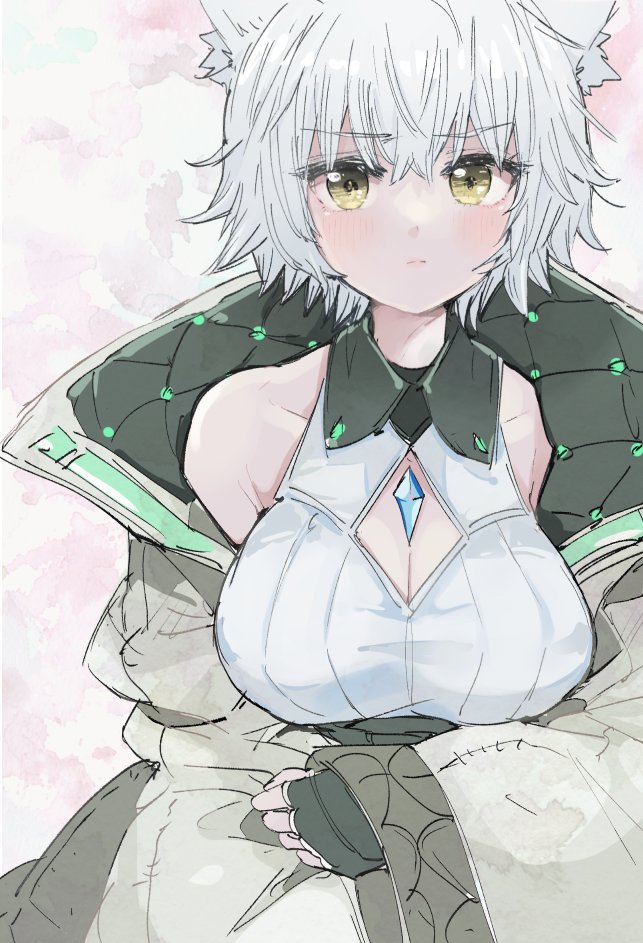 1girl animal_ears blush breasts cat_ears cat_girl chest_jewel cleavage cleavage_cutout clothing_cutout core_crystal_(xenoblade) crystal diamond_cutout fingerless_gloves gloves jacket long_sleeves looking_at_viewer messy_hair morina_nao na'el_(xenoblade) pout short_hair solo xenoblade_chronicles_(series) xenoblade_chronicles_3 xenoblade_chronicles_3:_future_redeemed yellow_eyes