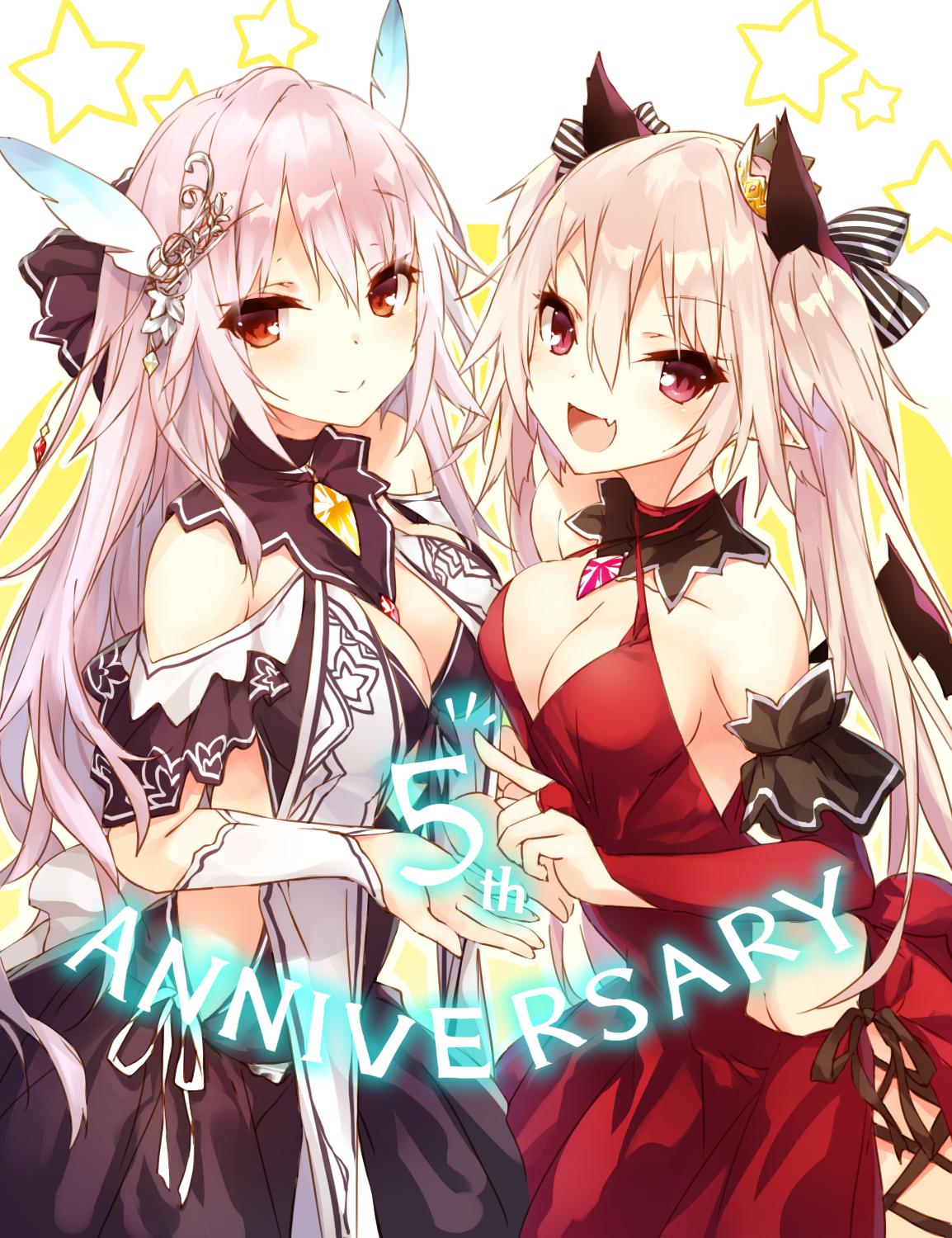 2girls age_of_ishtaria anniversary black_dress bow breasts bridal_gauntlets cleavage criss-cross_halter dress fang feather_hair_ornament feathers hair_between_eyes hair_bow hair_ornament halterneck highres hip_vent long_hair looking_at_viewer medium_breasts multiple_girls open_hands open_mouth pink_hair pointing pointy_ears red_dress red_eyes saeki_touma shana_(age_of_ishtaria) skin_fang smile star_(symbol) striped striped_bow two-sided_fabric upier_(age_of_ishtaria) wings
