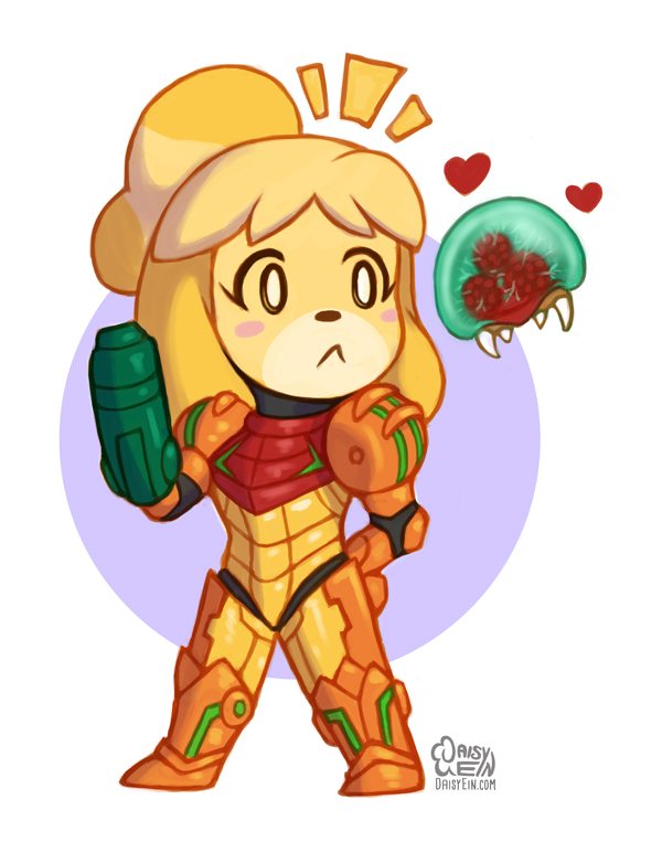 &lt;3 2016 alien ambiguous_gender animal_crossing anthro armor blush canid canine clothing cosplay crossover crossover_cosplay daisyein duo eye_contact female floppy_ears isabelle_(animal_crossing) looking_at_another mammal metroid metroid_(species) nintendo samus_aran signature simple_background teeth text url