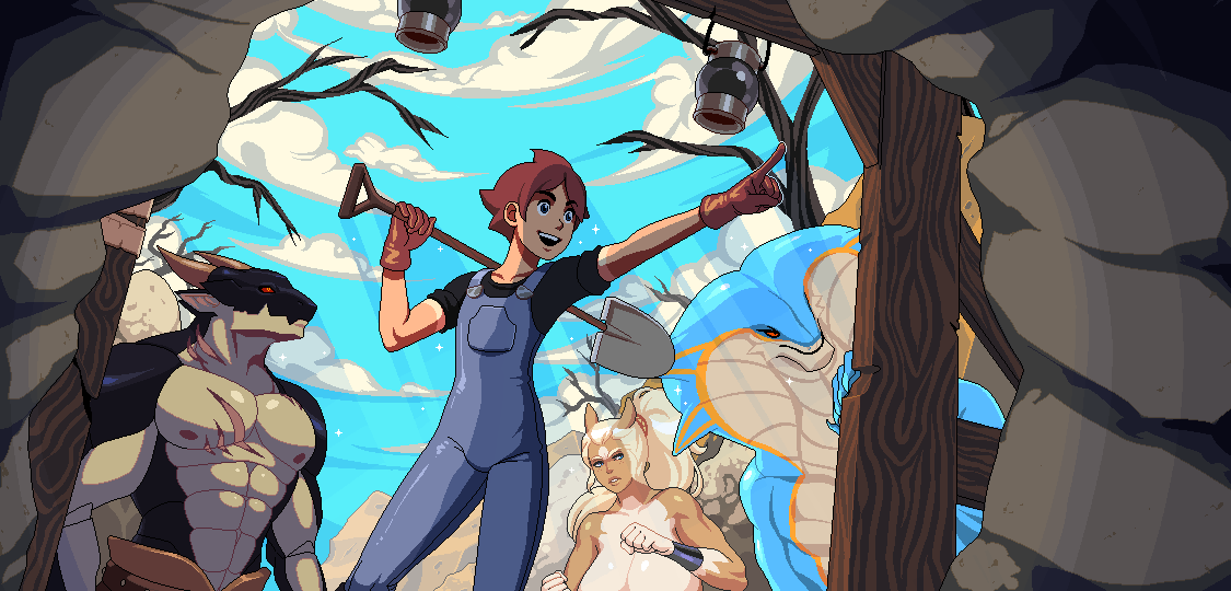 1girl 3boys animal_ears arm_up bare_tree black_bracelet black_shirt black_skin blonde_hair blue_eyes blue_overalls blue_skin blue_sky bracelet breasts brown_gloves brown_hair brown_horns cave cleavage closed_mouth cloud cloud_meadow colored_sclera colored_skin dragon_boy dragon_horns evan_(cloud_meadow) freckles frown furry furry_male furry_with_furry furry_with_non-furry gloves hand_up hands_up holding holding_shovel horns horse_ears horse_girl interspecies jewelry lamp large_breasts long_hair looking_inside monster_boy monster_girl multicolored_skin multiple_boys muscular muscular_male nipples open_mouth orange_skin overalls pixel_art pointing pointy_ears ponytail red_sclera s-purple scar shirt short_hair shovel sky sleeves_rolled_up smile tan tanlines teeth tree upper_teeth_only white_skin yellow_eyes