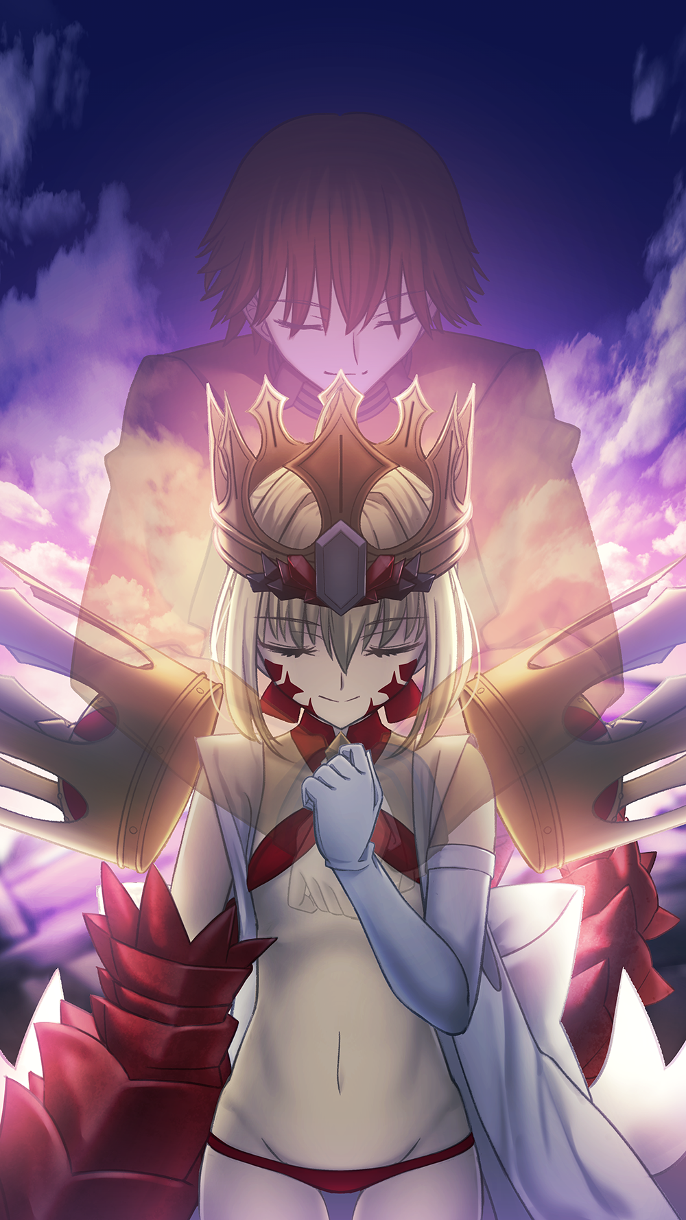 1boy 1girl bikini blonde_hair brown_hair closed_eyes closed_mouth cloud commentary_request criss-cross_halter crown dragon_claw dragon_girl dragon_tail elbow_gloves facial_mark fading fate/extra fate/grand_order fate_(series) flat_chest gloves halterneck highres hug hug_from_behind jewelry kishinami_hakuno_(male) long_sleeves navel nero_claudius_(fate) queen_draco_(fate) red_bikini revealing_clothes shoori_(migiha) short_hair single_elbow_glove sky sling_bikini_top smile stomach swimsuit tail transparent tsukumihara_academy_uniform_(fate/extra) white_gloves