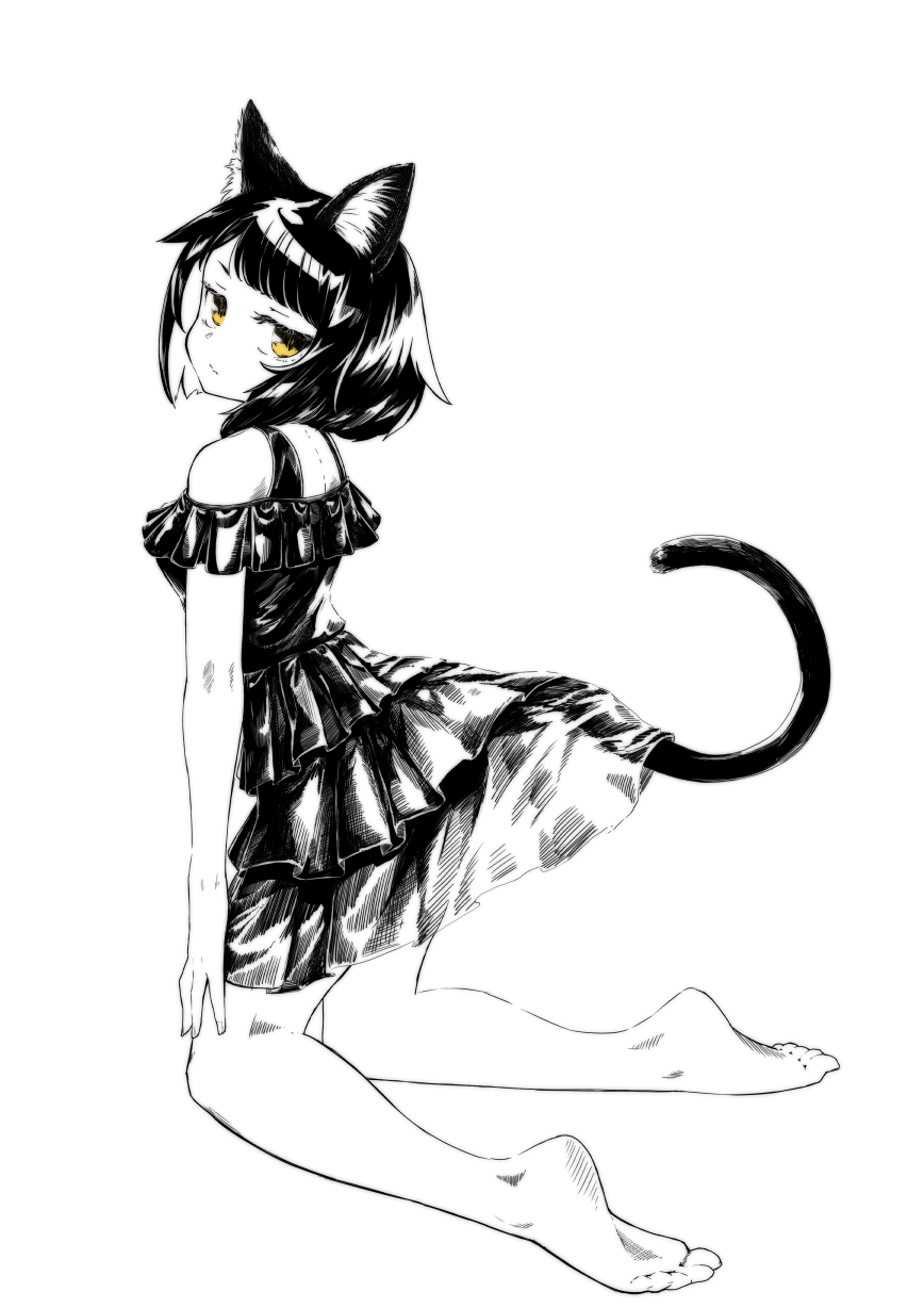 1girl animal_ear_fluff animal_ears bare_shoulders barefoot cat_ears cat_girl cat_tail commentary_request dress frilled_dress frills from_side highres jaco kneeling looking_at_viewer looking_to_the_side monochrome off-shoulder_dress off_shoulder original simple_background soles solo tail white_background yellow_eyes