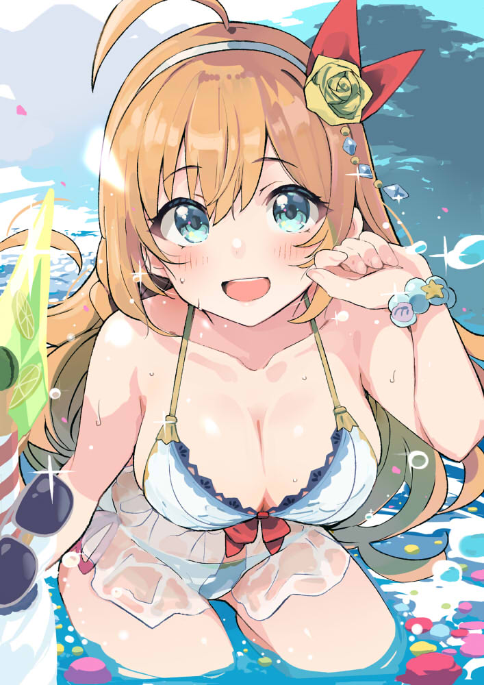 1girl :d ahoge aqua_eyes bead_bracelet beads bikini bracelet breasts commentary_request flower hair_flower hair_ornament hairband jewelry large_breasts long_hair looking_at_viewer official_alternate_costume orange_hair partially_submerged pecorine_(princess_connect!) pecorine_(summer)_(princess_connect!) princess_connect! rose ryoito_no_oka smile solo sunglasses swimsuit water white_bikini white_hairband yellow_flower yellow_rose