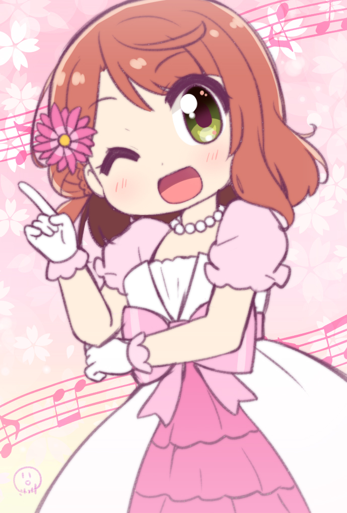 1girl blush bow brown_hair cherry_blossom_print commentary dot_nose dress floral_background floral_print flower gloves green_eyes hair_bun hair_flower hair_ornament hand_up index_finger_raised jewelry looking_at_viewer love_live! love_live!_nijigasaki_high_school_idol_club medium_hair miyako_hito musical_note necklace one_eye_closed open_mouth pearl_necklace pink_background pink_bow pink_dress puffy_short_sleeves puffy_sleeves short_sleeves signature single_side_bun smile solo uehara_ayumu white_gloves