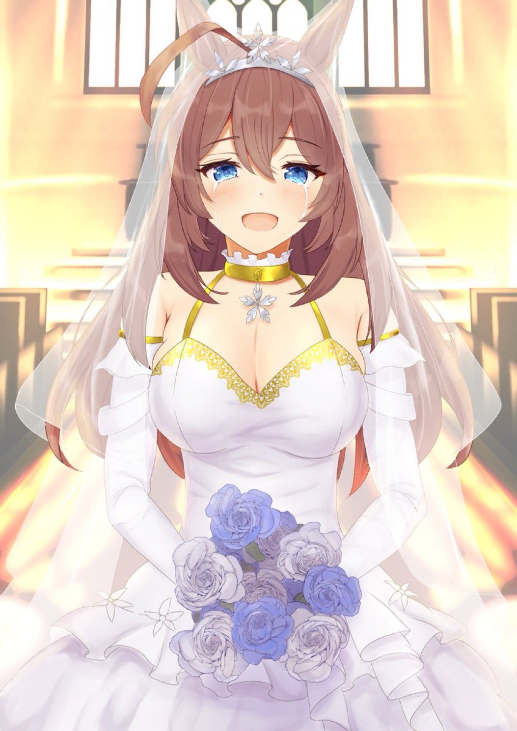 1girl ahoge alternate_costume animal_ears blue_eyes bouquet breasts bridal_veil cathedral cleavage commentary_request dress elbow_gloves gloves hair_between_eyes happy highres holding holding_bouquet horse_ears horse_girl jpeg_artifacts komugikokonko large_breasts looking_at_viewer mihono_bourbon_(umamusume) open_mouth red_hair sleeveless smile solo tears umamusume veil wedding wedding_dress white_dress white_gloves window