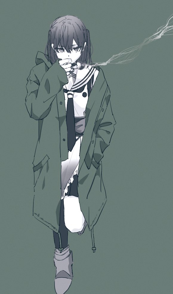1girl cigarette coat green_background green_coat hair_between_eyes hand_in_pocket holding holding_cigarette kantai_collection leg_up long_sleeves looking_at_viewer monochrome neckerchief open_clothes open_coat rinto_(rint_rnt) sailor_collar school_uniform sendai_(kancolle) sendai_kai_ni_(kancolle) serafuku shoes simple_background single_thighhigh skirt sleeves_past_wrists smoke smoking solo spot_color standing thighhighs