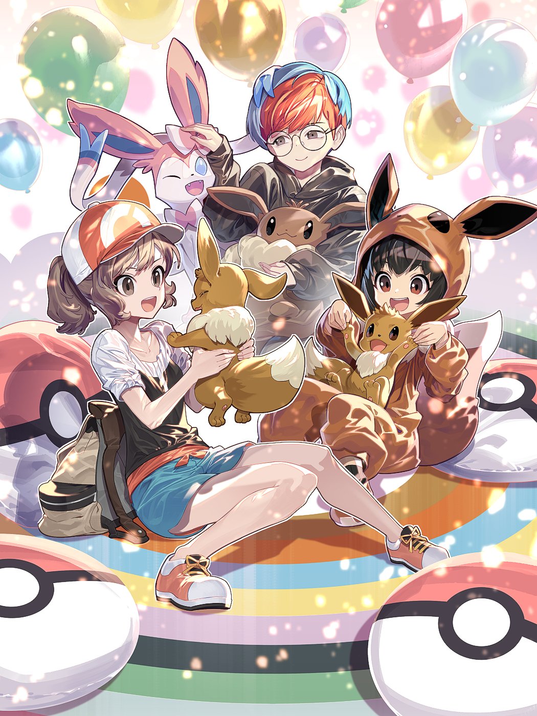 3girls :d aqua_shorts backpack bag brown_eyes brown_hair closed_mouth commentary_request eevee eevee_ears eevee_tail elaine_(pokemon) glasses happy hat headpat highres holding holding_pokemon hood hood_up hoodie long_sleeves multicolored_hair multiple_girls official_art onesie open_mouth penny_(pokemon) poke_ball_print poke_kid_(pokemon) pokemon pokemon_(creature) pokemon_(game) pokemon_lgpe pokemon_masters_ex pokemon_sv pokemon_swsh ponytail round_eyewear shirt shoes short_sleeves shorts sitting smile sylveon two-tone_hair zounose