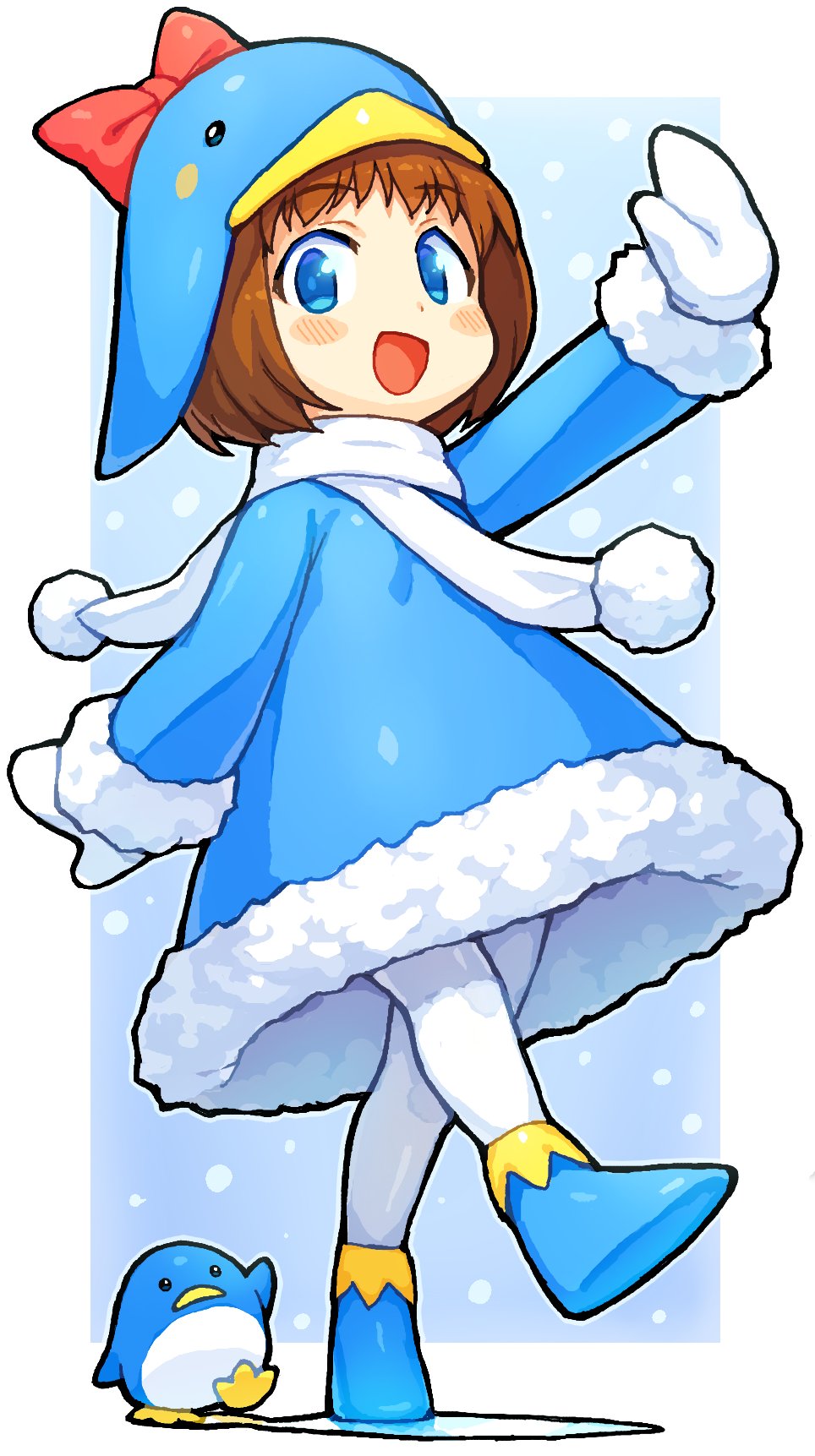 1girl :d animal bachera bird blue_dress blue_eyes blue_footwear blue_headwear blush brown_hair commentary_request dress ecoco ekokuice full_body fur-trimmed_dress fur-trimmed_sleeves fur_trim hat highres long_sleeves looking_at_viewer mittens outstretched_arm pantyhose penguin penguin_hat scarf shoe_soles shoes smile solo walking white_mittens white_pantyhose white_scarf