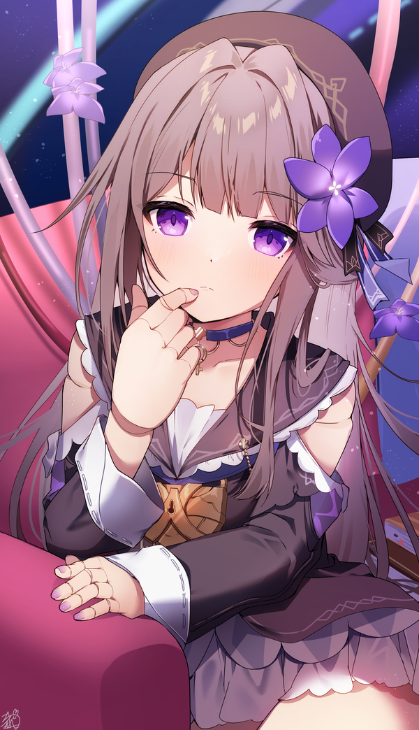 1girl beret blue_collar brown_dress brown_hair brown_headwear closed_mouth collar collarbone couch doll_joints dress finger_to_mouth flower hair_ornament hand_up hat herta_(honkai:_star_rail) honkai:_star_rail honkai_(series) joints keyhole lock long_hair long_sleeves looking_at_viewer omuretsu on_couch purple_eyes purple_flower solo very_long_hair