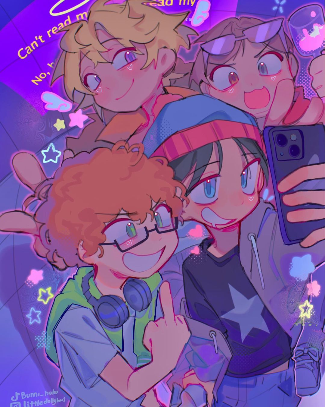 4boys aged_up animal_ears animification artist_name bishounen blonde_hair blue_eyes brown_hair cellphone cellphone_picture closed_mouth drink english_commentary english_text eric_cartman green_eyes halo headphones heart heterochromia highres holding holding_phone indoors kenny_mccormick kyle_broflovski littlebunniboo looking_at_phone male_focus multiple_boys phone purple_eyes rabbit_ears red_hair selfie smartphone south_park stan_marsh sunglasses taking_picture teeth