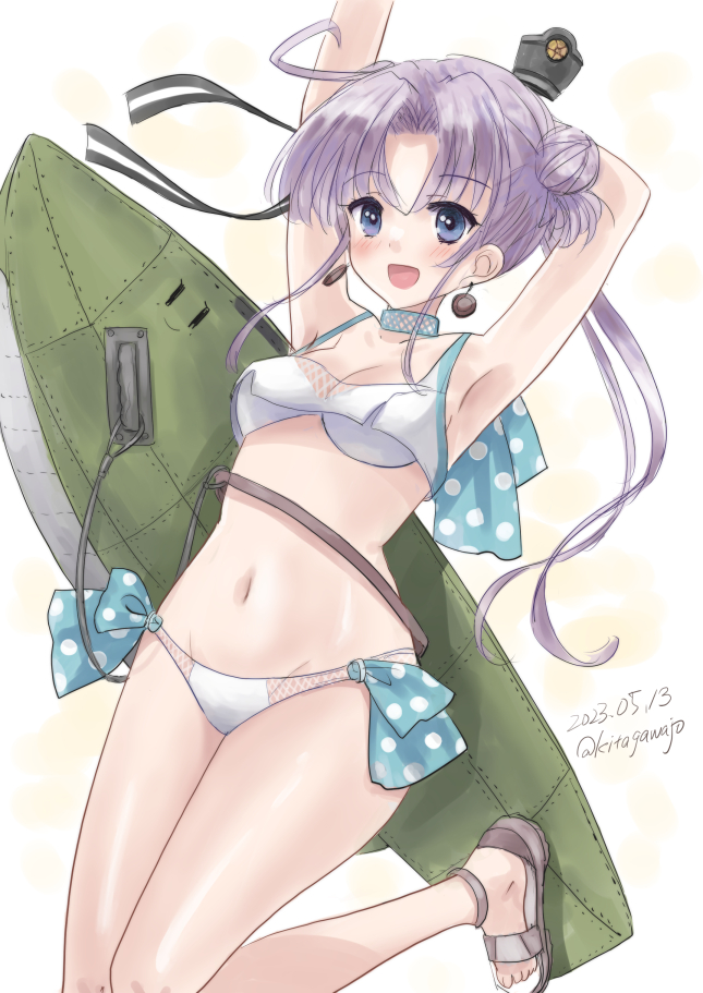 1girl ahoge akitsushima_(kancolle) bikini breasts hair_bun hair_ribbon hat kantai_collection kitagawa_mikio long_hair medium_breasts mini_hat nishikitaitei-chan official_alternate_costume one-hour_drawing_challenge purple_eyes purple_hair ribbon sandals side_ponytail simple_background smile solo surfboard swimsuit white_background white_bikini