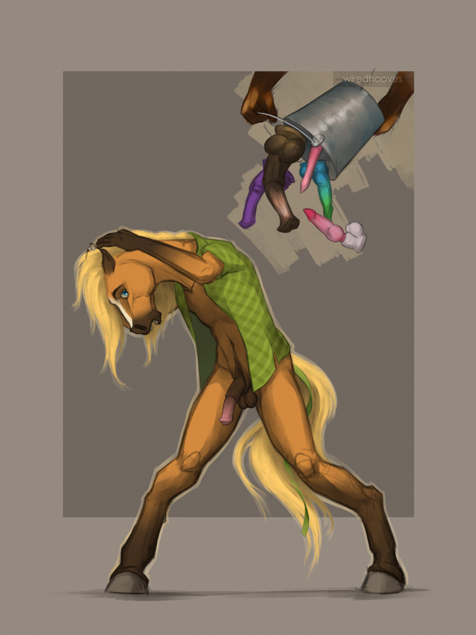 5_fingers anthro balls blonde_hair blue_eyes bucket clothed clothing container digital_media_(artwork) dildo dropping_object equid equine fingers fur genitals golden_wing hair hi_res holding_object hooves horse humor long_hair male mammal open_mouth penis sex_toy simple_background solo tail teeth topwear wiredhooves