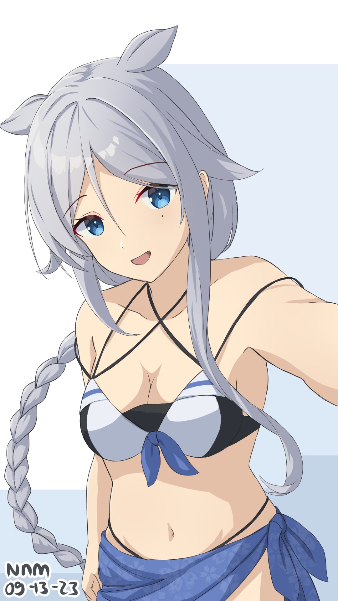 1girl artist_name bikini black_bikini blue_background blue_eyes blush braid breasts cowboy_shot dated gradient_background grey_hair hair_flaps highres kantai_collection long_hair looking_at_viewer mole mole_under_eye navel nnm official_alternate_costume open_mouth sarong single_braid small_breasts smile solo swimsuit umikaze_(kancolle) very_long_hair