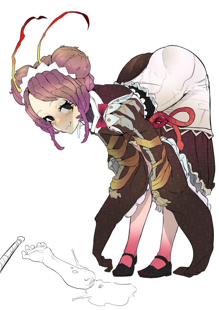 1girl antennae apron arthropod_girl ass bad_id bad_pixiv_id bent_over black_eyes black_footwear blood blood_on_shoes blush brown_kimono closed_mouth commentary_request double_bun drooling entoma_vasilissa_zeta fangs hair_bun japanese_clothes kimono korean_commentary looking_at_viewer maid maid_headdress mary_janes monster_girl overlord_(maruyama) pantyhose pink_pantyhose pool_of_blood purple_hair saliva severed_arm severed_limb shoes short_hair simple_background skin_fangs sleeves_past_wrists smile solo white_apron white_background wwwazxc