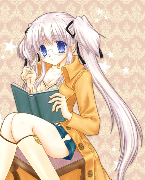 1girl 2000s_(style) archived_source black_ribbon blue_eyes blue_shorts blush book breasts buttons cleavage closed_mouth coat collarbone glasses grey_hair hair_ribbon holding holding_book holding_pen jewelry kneehighs long_hair long_sleeves mabinogi medium_breasts nao_(mabinogi) neck_ring official_alternate_costume open_book open_clothes open_coat orange_coat pen ribbon round_eyewear shararan shorts sidelocks sitting smile socks solo star_(symbol) twintails unbuttoned very_long_hair white_socks