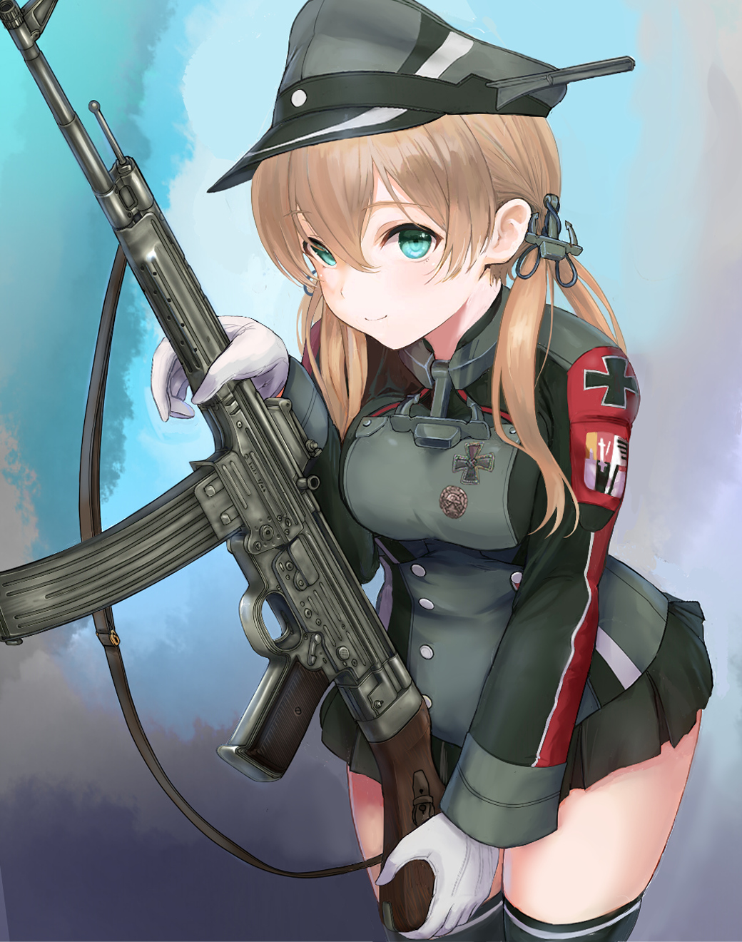 1girl anchor anchor_hair_ornament aqua_eyes assault_rifle black_skirt blonde_hair closed_mouth commentary_request cross em_s gloves gun hair_ornament hat highres iron_cross kantai_collection low_twintails microskirt military military_hat military_uniform peaked_cap prinz_eugen_(kancolle) redrawn rifle skindentation skirt smile solo stg44 thighhighs twintails uniform weapon white_gloves