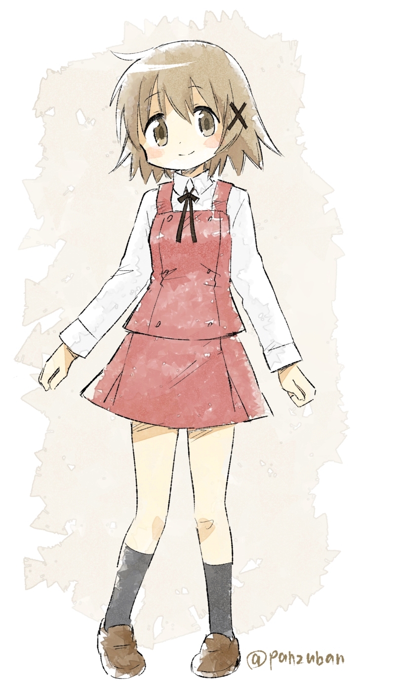 black_ribbon black_socks blush brown_footwear brown_hair hidamari_sketch highres panzuban red_skirt ribbon shirt skirt smile socks white_shirt yuno_(hidamari_sketch)