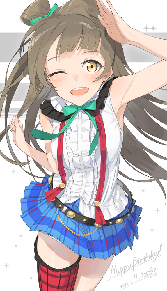 arm_up armpits blue_skirt bow bowtie brown_hair hand_on_own_head happy_birthday hayashi_kewi long_hair looking_at_viewer love_live! love_live!_school_idol_project minami_kotori miniskirt one_eye_closed open_mouth ribbon shirt skirt sleeveless sleeveless_shirt smile solo thigh_strap white_background white_shirt yellow_eyes