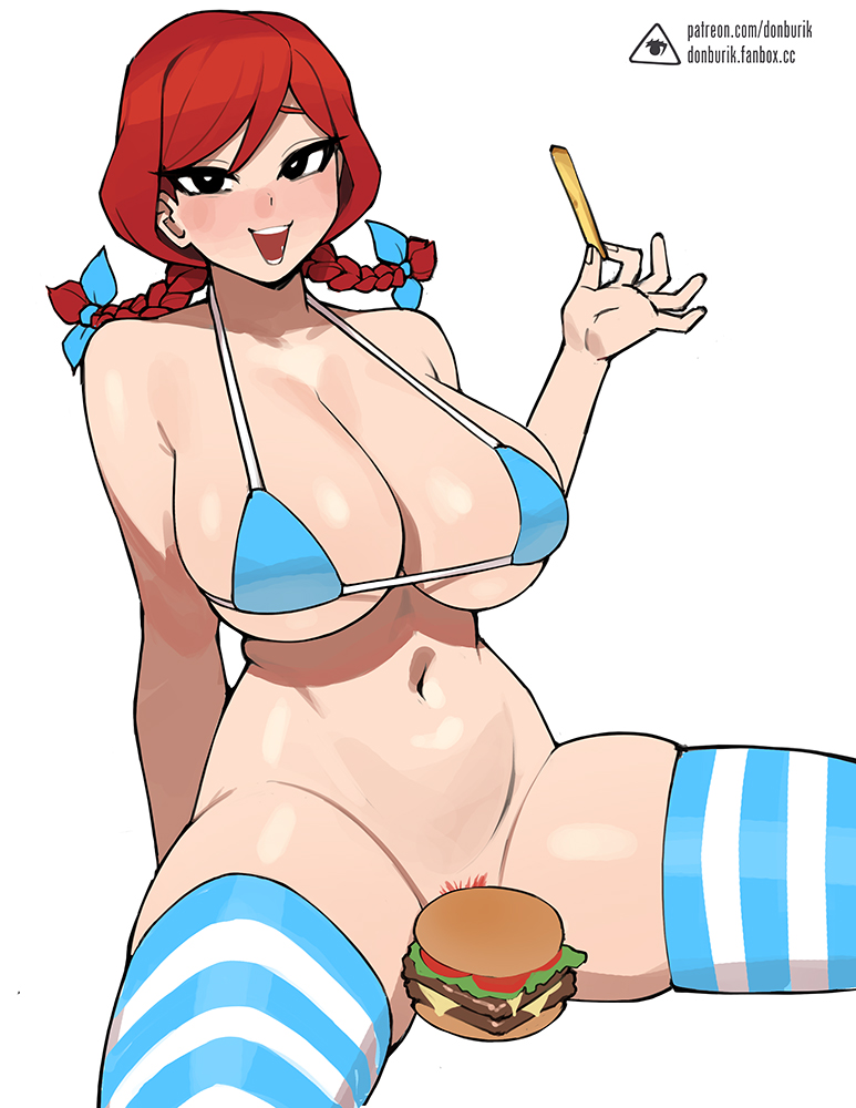 1girl :d bikini bikini_top_only black_eyes blush braid breasts burger censored cleavage donburi_(donburikazoku) female_pubic_hair food french_fries hair_ornament holding holding_food large_breasts looking_at_viewer navel novelty_censor open_mouth plump pubic_hair pubic_hair_peek red_hair simple_background sitting smile solo spread_legs striped striped_thighhighs swimsuit thighhighs twin_braids wendy's wendy_(wendy's) white_background