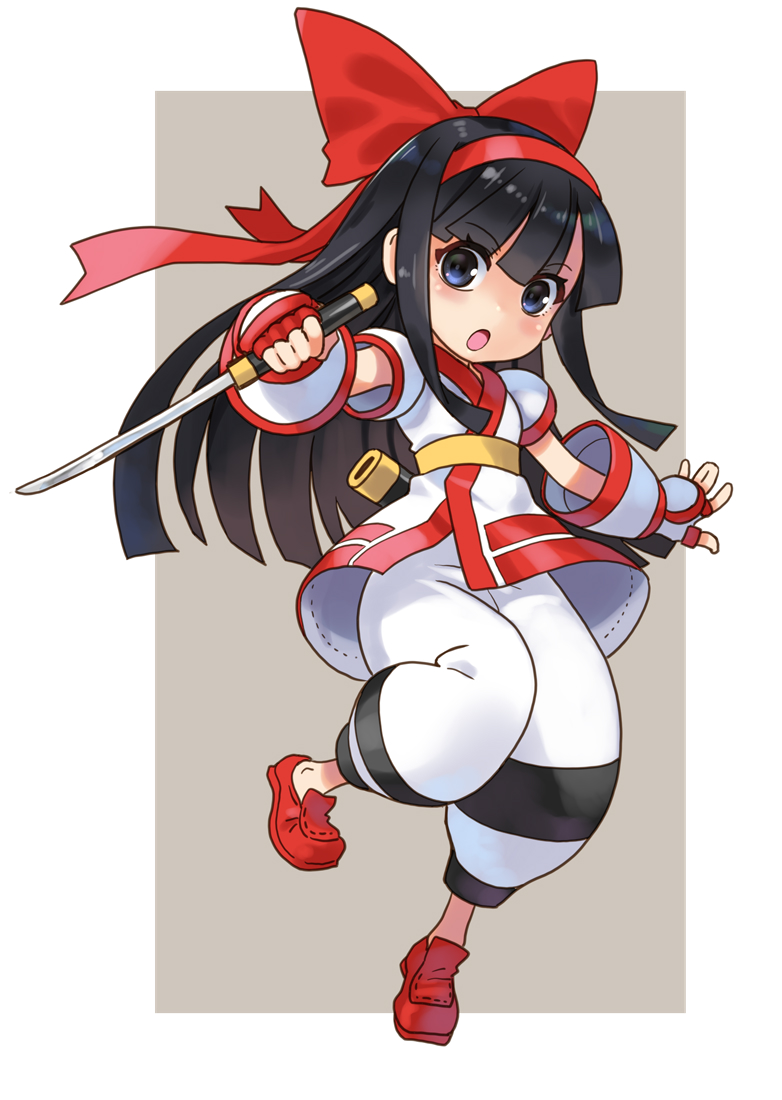 :o belt black_hair blue_eyes border bow fingerless_gloves full_body gloves grey_background hair_bow hairband hime_cut holding holding_sword holding_weapon katahira_masashi kodachi loafers long_hair looking_at_viewer nakoruru open_mouth pants puffy_pants red_bow red_footwear red_hairband samurai_spirits shirt shoes short_sleeves short_sword snk standing standing_on_one_leg sword weapon white_border white_pants yellow_belt