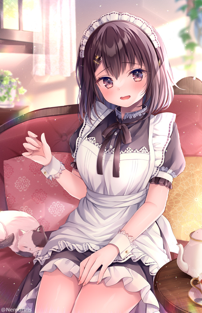 1girl animal apron black_dress black_hair breasts brown_eyes brown_hair brown_ribbon cat commentary_request couch cup curtains day dress frilled_dress frills hair_between_eyes indoors long_hair looking_at_viewer maid maid_apron maid_headdress medium_breasts neck_ribbon nemuri_nemu on_couch open_mouth original puffy_short_sleeves puffy_sleeves ribbon saucer short_sleeves sitting solo table teacup teapot white_apron window