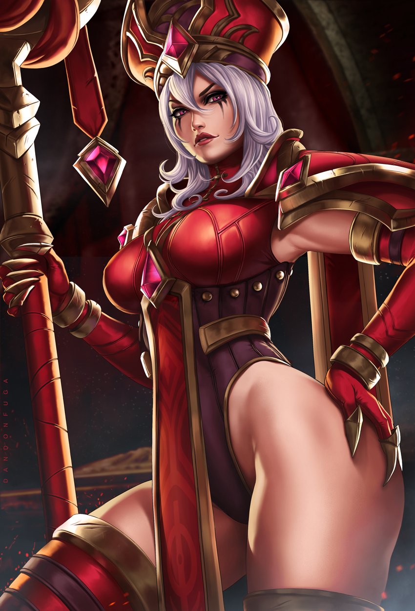 1girl artist_name black_eyeshadow boots bracelet breasts claws dandon_fuga elbow_gloves eyeshadow gloves gold_trim grey_hair hand_on_own_hip hat highres holding holding_staff human_(warcraft) jewelry large_breasts leotard lips long_hair looking_at_viewer makeup pink_gemstone priest_(warcraft) purple_eyes red_gloves red_headwear sally_whitemane shiny_clothes solo staff thigh_boots two-tone_leotard warcraft world_of_warcraft