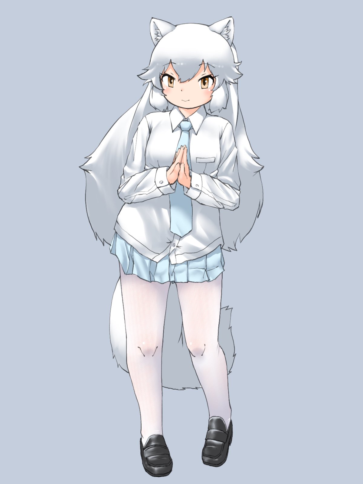 1girl alternate_costume animal_ears arctic_fox_(kemono_friends) arctic_wolf_(kemono_friends) black_footwear blue_dress blue_necktie blush collared_shirt dress fox_ears fox_girl fox_tail full_body highres kemono_friends loafers long_hair long_sleeves necktie pantyhose pleated_skirt shirt shoes sidelocks skirt smile solo tail uf34a white_hair white_pantyhose white_shirt yellow_eyes