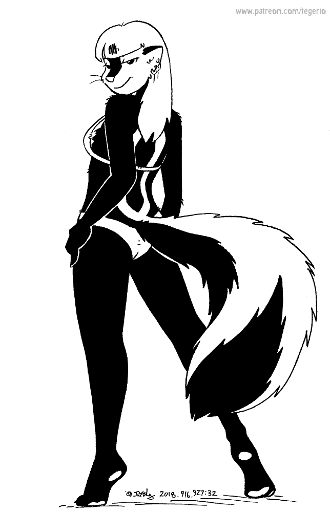 2018 anthro bikini black_and_white breasts butt clothed clothing ear_piercing ear_ring feet female fur hair kelly_o'dor looking_back mammal mephitid monochrome narrowed_eyes pawpads piercing pinup pose rear_view ring_piercing skunk solo striped_skunk swimwear tail tegerio whiskers zandar's_saga