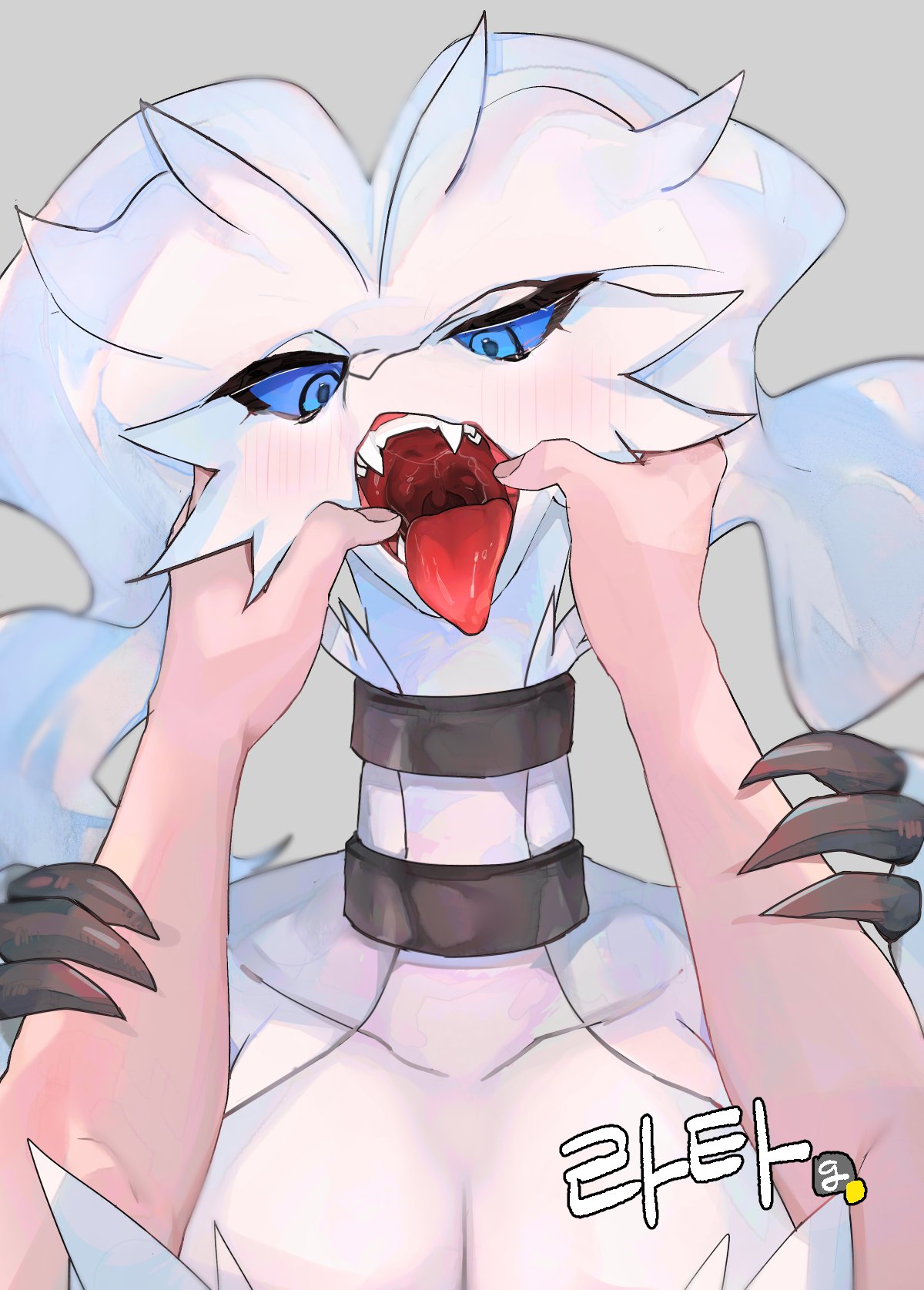 ambiguous_gender anthro biped blue_eyes blush breasts duo female finger_in_mouth fur generation_5_pokemon grey_background hi_res human legendary_pokemon mammal nintendo open_mouth pokemon pokemon_(species) ratta108 reshiram simple_background tongue tongue_out white_body white_fur