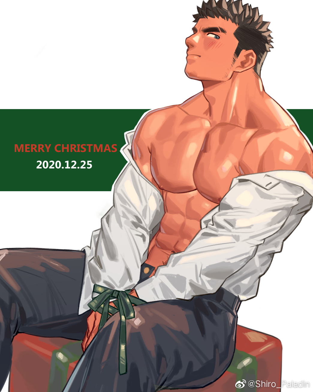 1boy abs bara bare_pectorals bound bound_wrists dated from_side gift_wrapping highres improvised_bondage large_pectorals light_blush long_sideburns male_focus merry_christmas muscular muscular_male navel navel_hair nipples off_shoulder open_clothes open_fly open_shirt original pectorals short_hair sideburns sideways_glance solo stomach thick_eyebrows youchi123