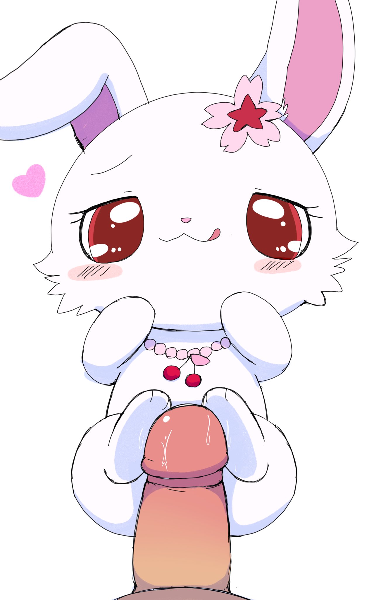 &lt;3 accessory anthro azuo blush bodily_fluids duo female flower flower_in_hair foot_fetish foot_play footjob fur genital_fluids genitals hair hair_accessory hi_res human human_on_anthro humanoid_genitalia humanoid_penis interspecies jewelpet jewelry lagomorph leporid licking licking_lips male male/female mammal necklace penis plant precum rabbit red_eyes ruby_(jewelpet) sanrio semi-anthro sex simple_background tongue tongue_out two-footed_footjob white_background white_body white_fur