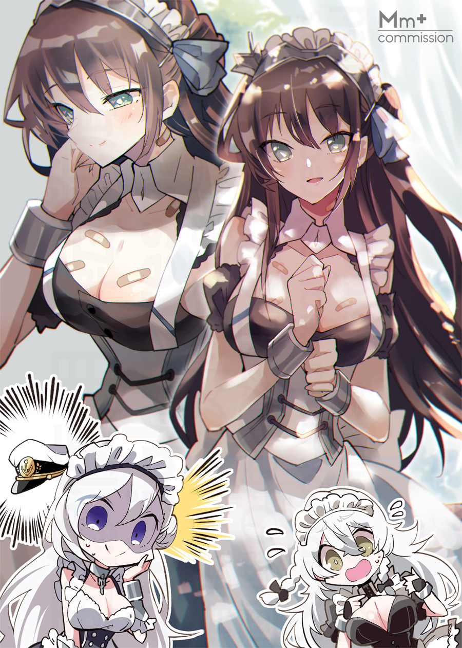 3girls azur_lane bandaid bandaid_on_breast bandaid_on_neck bare_shoulders belfast_(azur_lane) blue_eyes breasts brown_hair cleavage collar commission cuffs detached_collar detached_sleeves dress frilled_collar frills green_eyes hat hermione_(azur_lane) highres large_breasts long_hair maid maid_headdress multiple_girls mumu_(bloody_johnson) newcastle_(azur_lane) open_mouth parted_lips shackles short_sleeves smile sweat white_hair