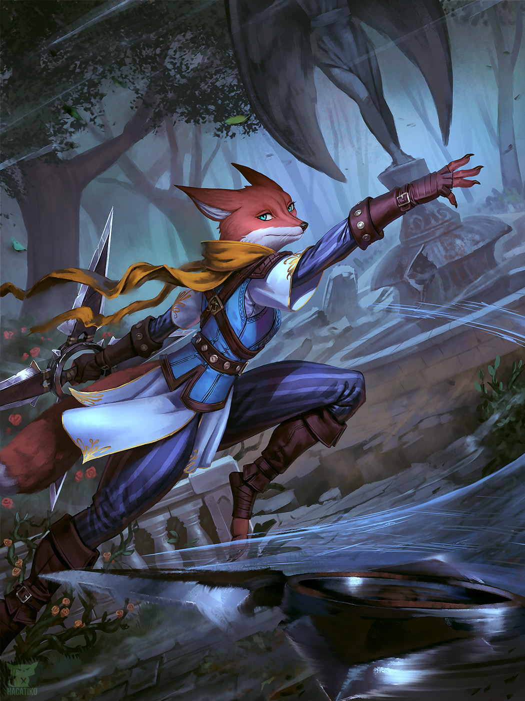 anthro canid canine clothed clothing dual_wielding female fingerless_gloves flower fox gloves hacatiko handwear hi_res holding_object holding_weapon looking_at_viewer mammal pathfinder plant role-playing_game running scarf sculpture solo statue throwing_weapon tree weapon