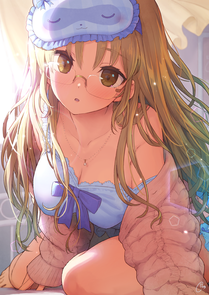 1girl babydoll blonde_hair bloom blue_babydoll blush breasts cleavage collarbone curtains frilled_babydoll glasses jewelry kneeling lace-trimmed_babydoll lace_trim large_breasts leaning_forward lens_flare light_particles long_hair looking_at_viewer mask mask_on_head necklace nijisanji off_shoulder on_bed paid_reward_available parted_lips piro_(orip) rimless_eyewear sidelocks sister_cleaire sister_cleaire_(7th_costume) sleep_mask solo strap_slip virtual_youtuber wind yellow_eyes