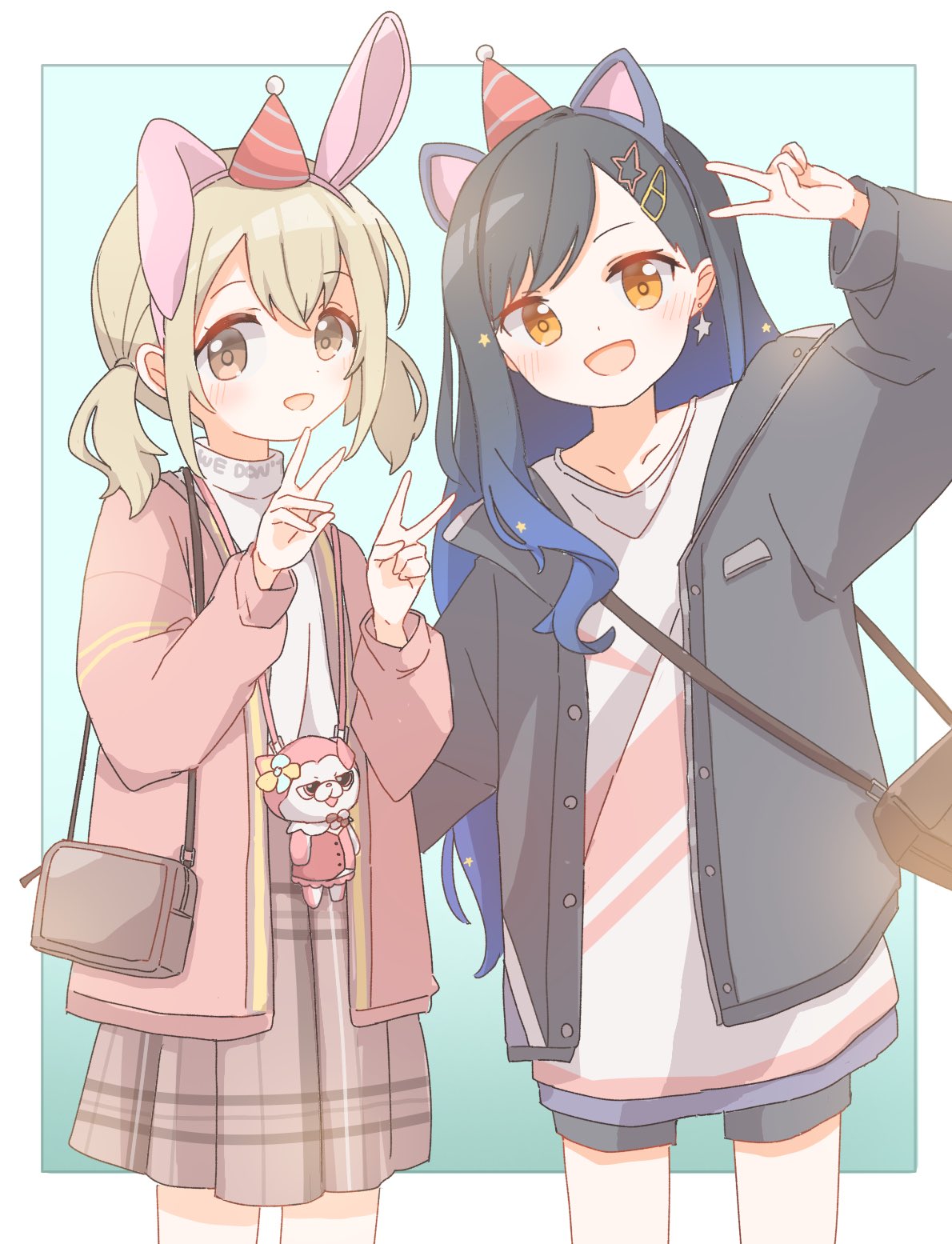 2girls :d animal_ears azusawa_kohane bag baggy_clothes black_bag black_hair black_shorts blue_hair border brown_bag casual cat_ears charm_(object) clothes_writing collarbone collared_shirt commentary cowboy_shot diagonal-striped_headwear double-parted_bangs double_v fake_animal_ears flower gradient_hair grey_jacket hair_behind_ear handbag happy hat highres hood hooded_jacket jacket kigurumi-san_(project_sekai) lanyard light_brown_hair long_sleeves lop_rabbit_ears low_twintails mini_party_hat multicolored_hair multiple_girls open_clothes open_jacket orange_eyes party_hat pink_jacket plaid plaid_skirt pleated_skirt print_shirt project_sekai rabbit_ears red_headwear shiraishi_an shirt short_hair short_shorts shorts shoulder_bag sideways_glance skirt smile streetwear swept_bangs t-shirt tareme tsuchiyoko_(hamu_prsk) turtleneck twintails unbuttoned v v-neck wavy_hair white_border white_shirt