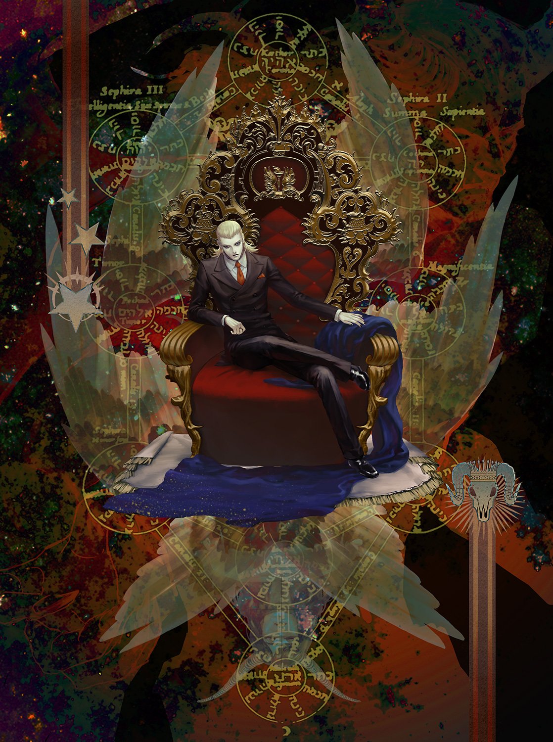 1boy angel_wings animal_skull black_nails black_suit blonde_hair chair crossed_legs crown feathered_wings formal hair_slicked_back handkerchief highres looking_at_viewer louis_cypher lucifer_(shin_megami_tensei) male_focus medium_hair necktie o_c_x red_necktie shin_megami_tensei shin_megami_tensei_ii sitting skull solo suit throne wings