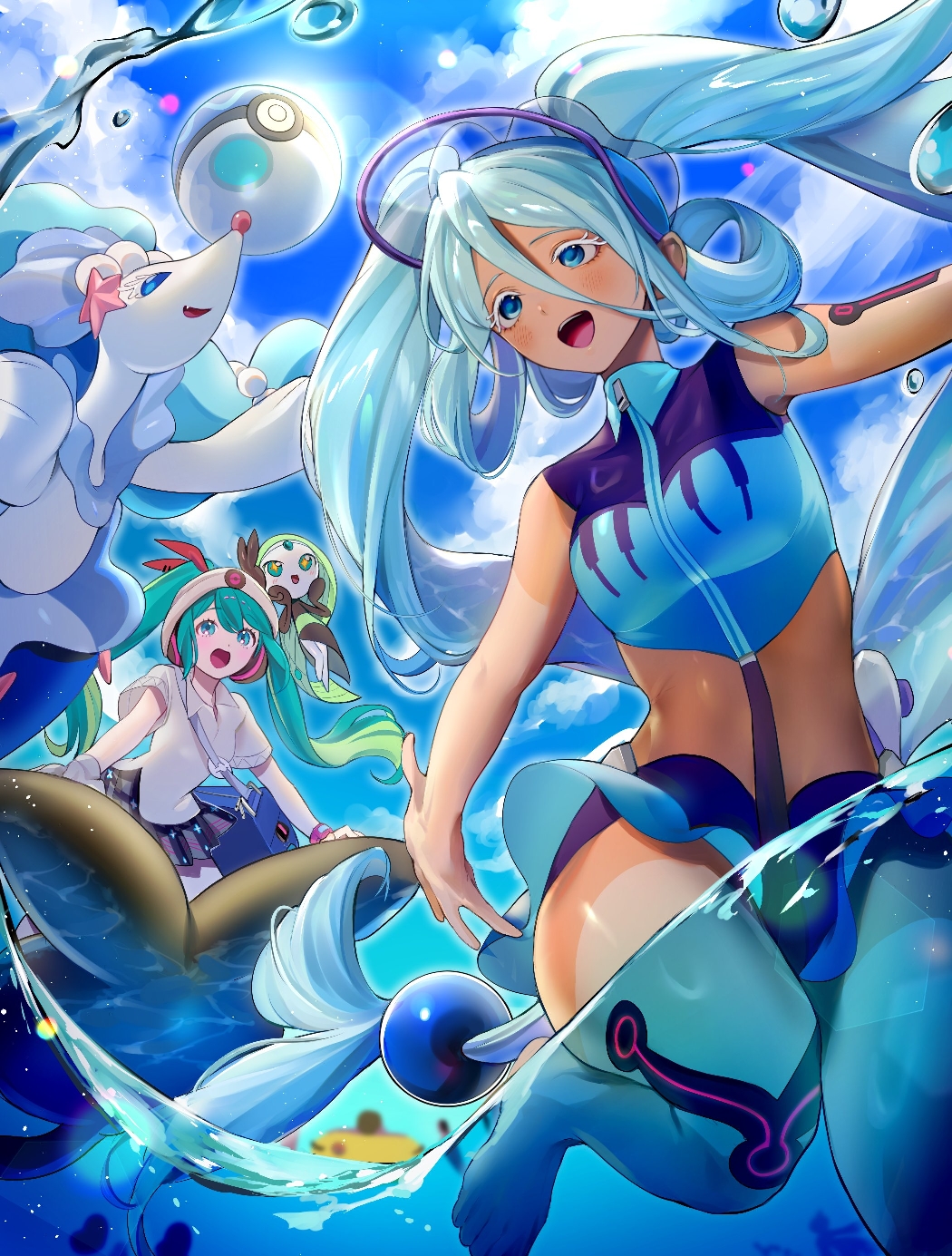 2girls :d bag barefoot beanie bikini blue_bag blue_bikini blue_eyes blue_hair blue_sky breasts cloud collared_shirt colored_eyelashes commentary day dive_ball grey_skirt hair_between_eyes handbag hat hatsune_miku headphones highres jihya lens_flare light_blue_hair light_green_hair medium_breasts meloetta meloetta_(aria) miniskirt multicolored_hair multiple_girls open_mouth partially_submerged plaid plaid_skirt pleated_skirt poke_ball pokemon primarina project_voltage psychic_miku_(project_voltage) purple_bikini sea_lion shirt short_sleeves skirt sky smile starfish swimsuit symbol-only_commentary tan tanlines tareme teeth twintails two-tone_bikini two-tone_hair upper_teeth_only visor_cap water water_miku_(project_voltage) white_headwear white_shirt zipper_pull_tab