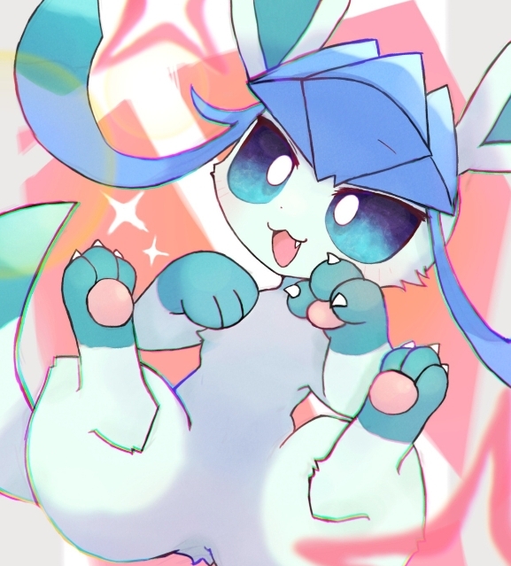 2023 3_toes ambiguous_gender blush blush_lines chromatic_aberration claws cute_fangs digital_media_(artwork) eeveelution feet feral fur generation_4_pokemon glaceon gloves_(marking) green_body green_eyes green_fur leg_markings markings nintendo open_mouth pawpads paws pokemon pokemon_(species) salmon_no_kaori socks_(marking) solo toe_claws toes tongue white_body white_fur