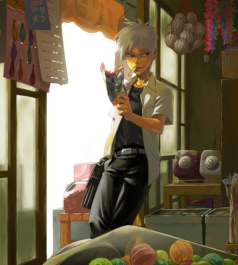 1boy akagi:_yami_ni_oritatta_tensai akagi_shigeru belt black_pants candy candy_store candy_wrapper closed_mouth collared_shirt commentary_request feet_out_of_frame food food_in_mouth fukumoto_mahjong garland_(decoration) grey_belt grey_shirt indoors lollipop looking_afar looking_to_the_side male_focus open_mouth pants popsicle_in_mouth popsicle_stick red_eyes shirt shop short_bangs short_hair short_sleeves smile solo standing white_hair yukihiko