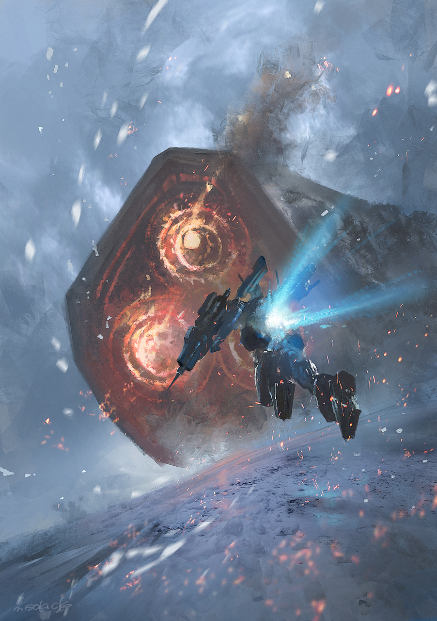 621_(armored_core_6) armored_core armored_core_6 artist_name blue_fire commentary_request fire flying highres ia-02:_ice_worm industrial mecha miso_katsu no_humans outdoors robot science_fiction shoulder_cannon smoke snow sparks