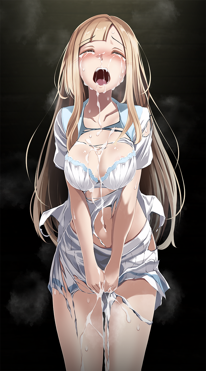 1girl after_rape black_background blonde_hair bra breasts cleavage closed_eyes collarbone crying cum cum_in_mouth cum_on_body cum_on_breasts facial highres lillie_(pokemon) long_hair medium_breasts miniskirt navel open_mouth pleated_skirt pokemon pokemon_(game) pokemon_sm shirt skirt solo standing straight_hair strapless strapless_bra thigh_gap torn_clothes torn_shirt torn_skirt tsukishiro_saika underwear very_long_hair white_bra white_shirt white_skirt
