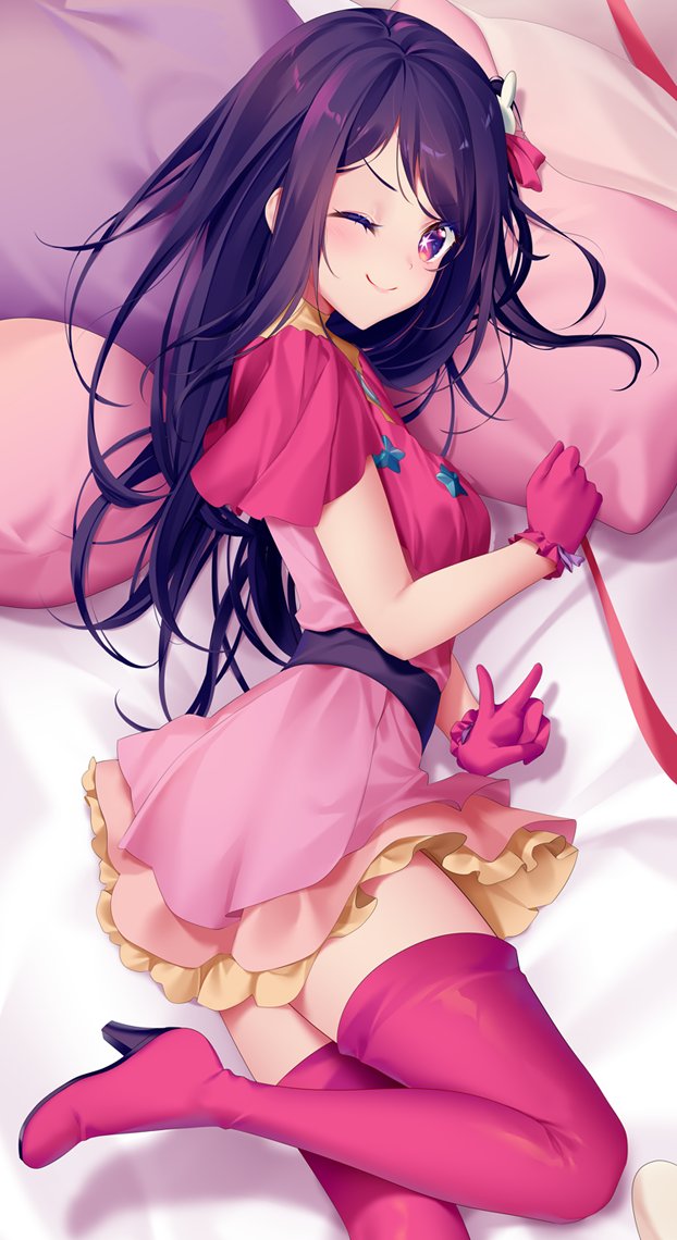 1girl blush capelet chromatic_aberration closed_mouth commentary cowboy_shot dress frilled_dress frilled_gloves frills gloves hair_between_eyes hair_ornament hair_ribbon head_on_pillow high_heels hoshino_ai_(oshi_no_ko) idol long_hair looking_at_viewer lying miniskirt on_bed on_side one_eye_closed oshi_no_ko petticoat pink_capelet pink_dress pink_gloves pink_ribbon pink_thighhighs purple_eyes purple_hair rabbit_hair_ornament ribbon rimuu short_dress skirt smile solo star-shaped_pupils star_(symbol) star_ornament symbol-shaped_pupils thighhighs thighs v v-shaped_eyebrows very_long_hair zettai_ryouiki