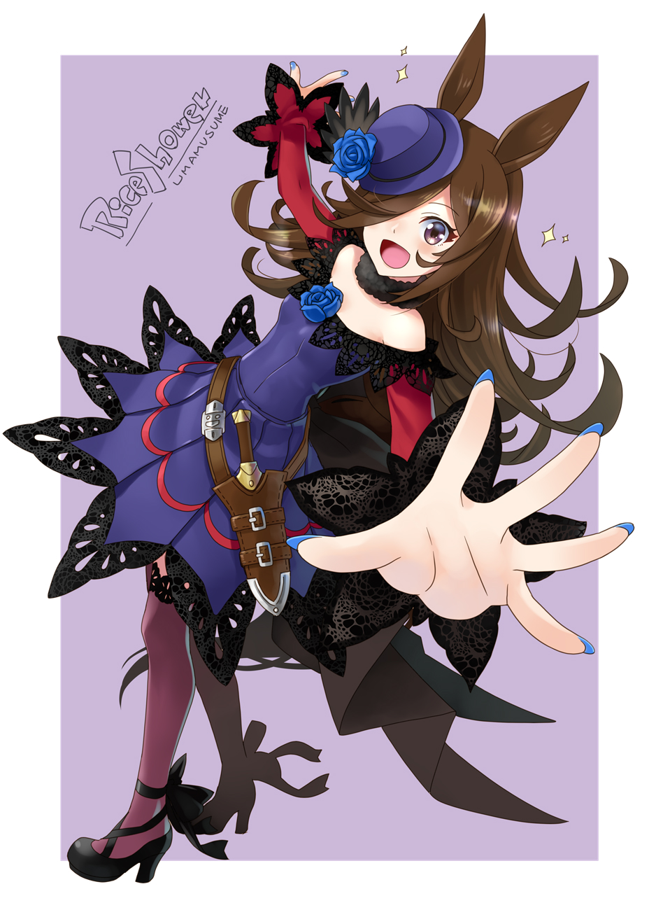 1girl animal_ears back_bow belt black_belt black_bow black_footwear black_thighhighs blue_flower blue_headwear blue_rose bow character_name commentary copyright_name dagger dress flower foreshortening from_side fur_collar hair_over_one_eye hat hat_flower high_heels highres horse_ears horse_girl horse_tail katahira_masashi knife long_bangs long_hair long_sleeves looking_at_viewer nail_polish off-shoulder_dress off_shoulder open_mouth outstretched_arm purple_dress purple_eyes purple_nails reaching_towards_viewer rice_shower_(umamusume) rose sheath sheathed short_dress smile solo sparkle standing tail thighhighs tilted_headwear umamusume weapon