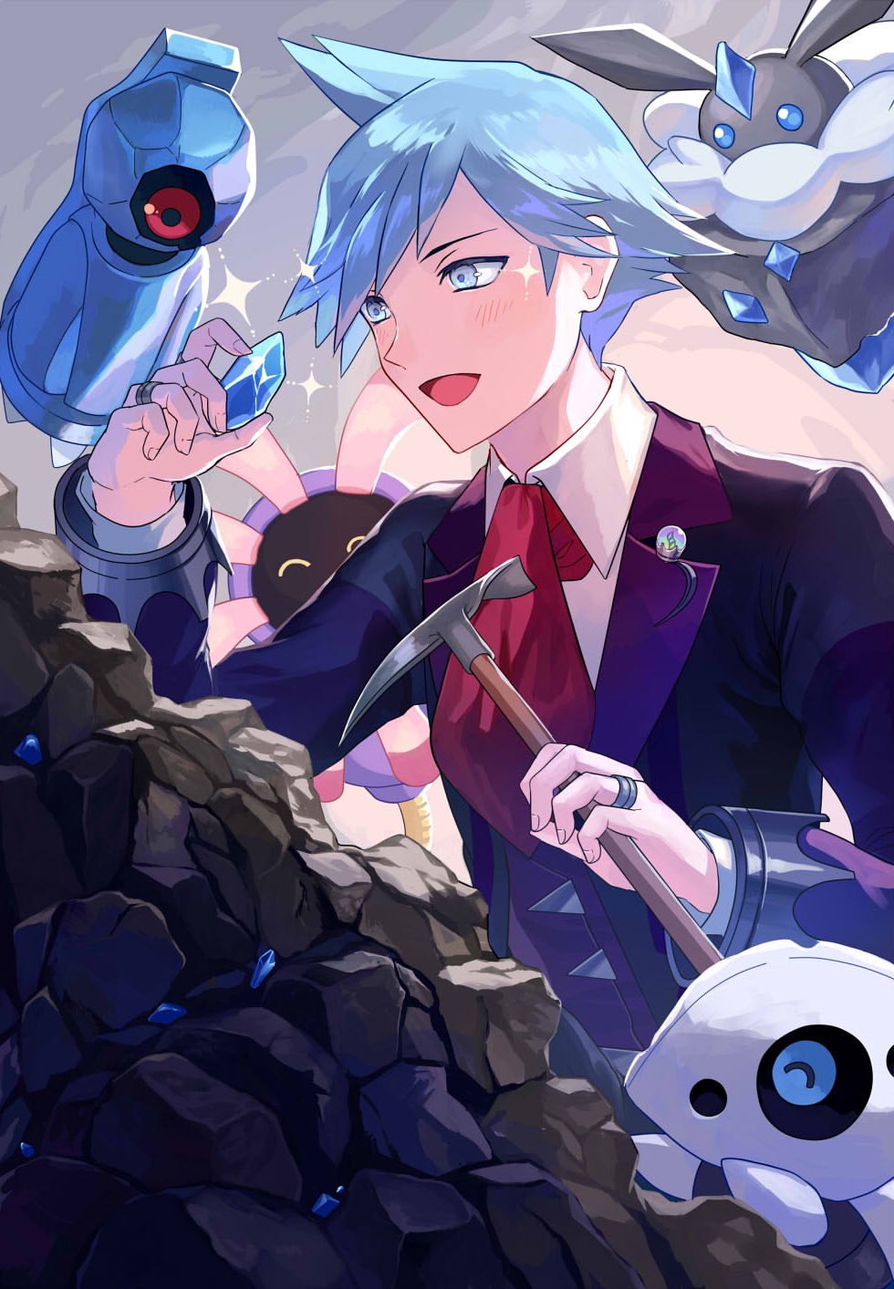 1boy aron beldum blue_eyes blue_gemstone blue_hair blush carbink closed_eyes gem highres holding holding_pickaxe lileep male_focus mega_stone necktie pickaxe pokemon pokemon_(creature) pokemon_(game) pokemon_oras rock smile sparkle steven_stone tsu_(md_tsune)