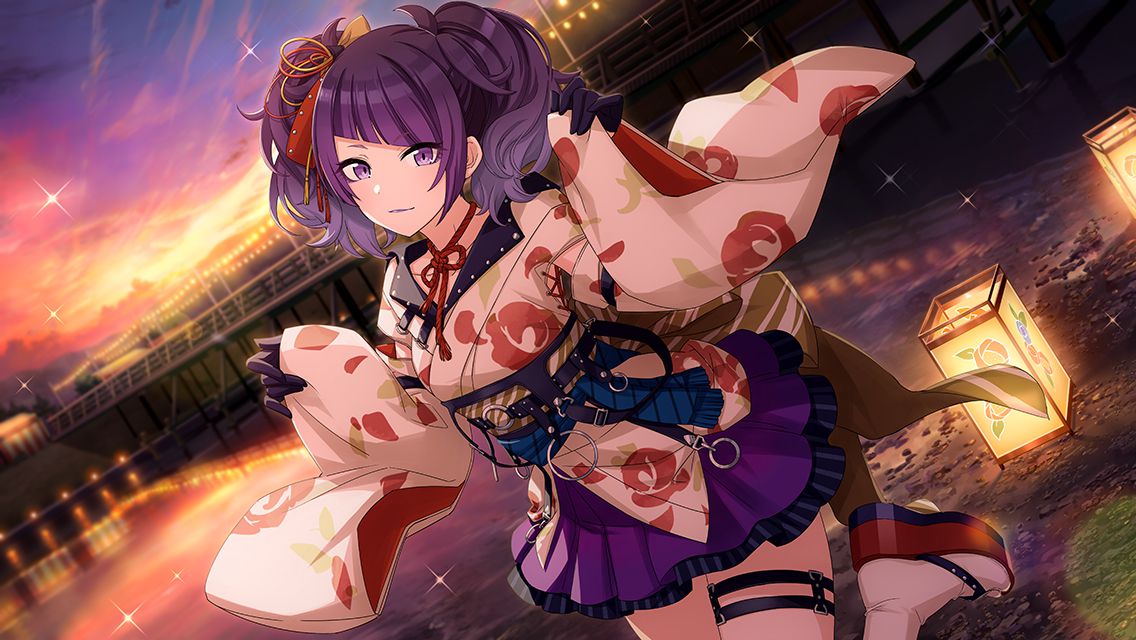 1girl back_bow black_gloves blunt_bangs blurry bow breasts bridge commentary cowboy_shot cross-laced_slit depth_of_field diagonal_bangs dusk dutch_angle flower_knot game_cg gloves gradient_hair hair_bow hair_ornament harness idolmaster idolmaster_shiny_colors japanese_clothes kimono kimono_skirt lantern lens_flare looking_at_viewer multicolored_hair o-ring_harness obi official_art okobo outdoors paper_lantern pinching_sleeves pleated_skirt print_kimono purple_eyes purple_hair purple_lips purple_skirt reflection reflective_water sash short_twintails skirt sky small_breasts smile socks solo sparkle sunset tabi tanaka_mamimi tassel tassel_hair_ornament thigh_strap twintails white_socks wide_sleeves